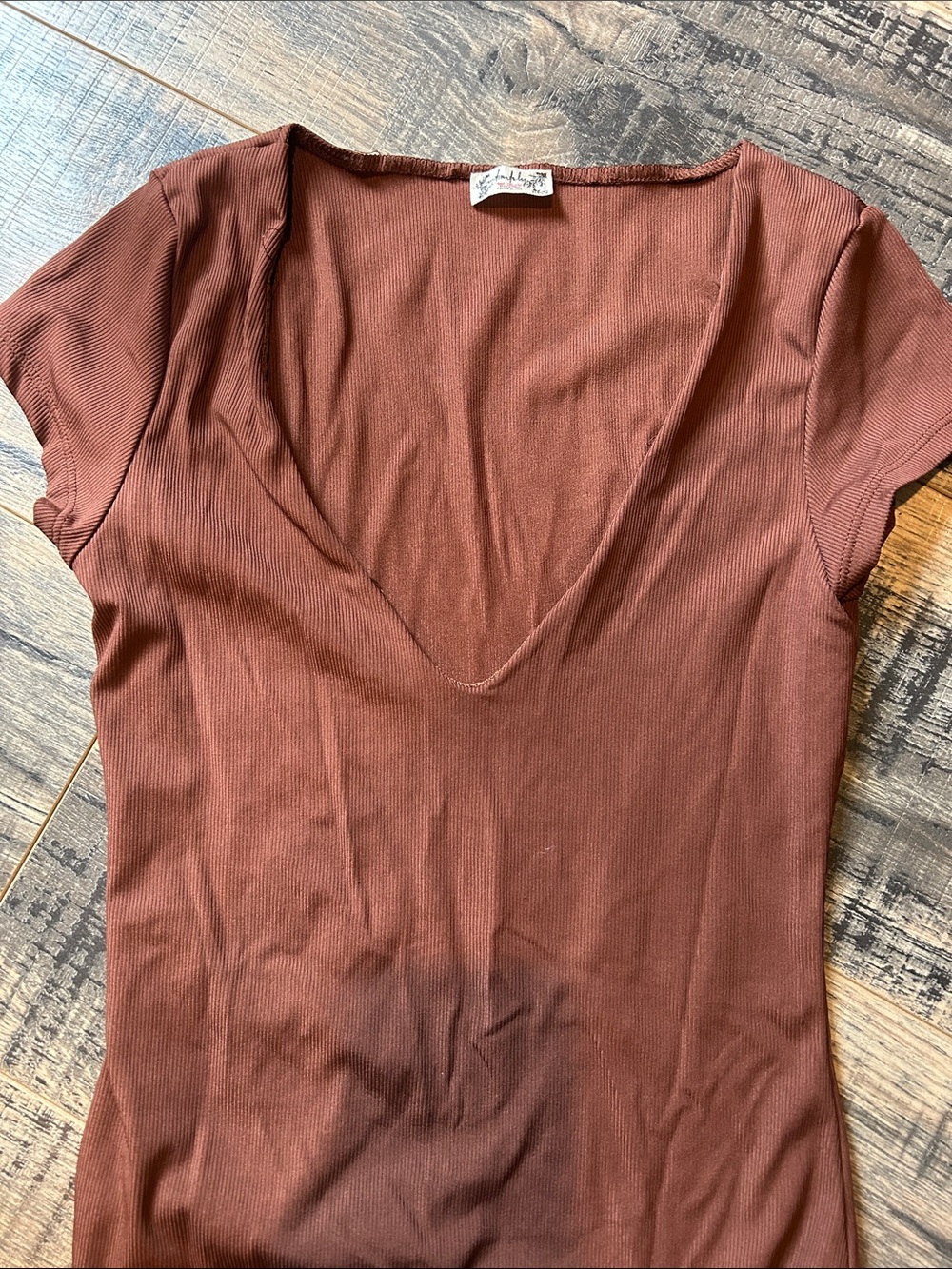Free People Deep V Ribbed Short Sleeve Top - Rust Brown